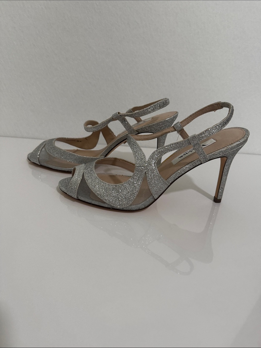 Nina New York Silver Glitter Peep Toe Slingback Heels Size 9.5M - Picture 2 of 8